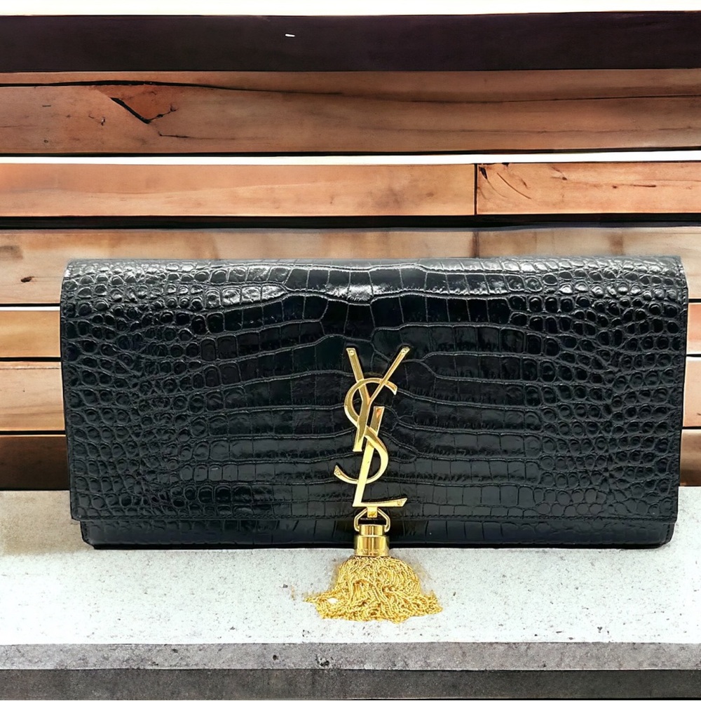 Yves Saint Laurent Black Croc-Embossed Clutch with Gold Accents